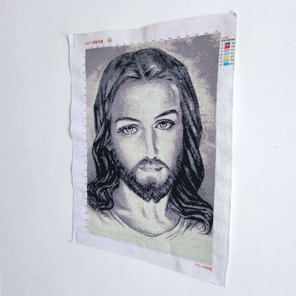 Hand Embroidered Jesus Christ Portrait Needlepoint Stitched Canvas Tapestry - Picture 4 of 7